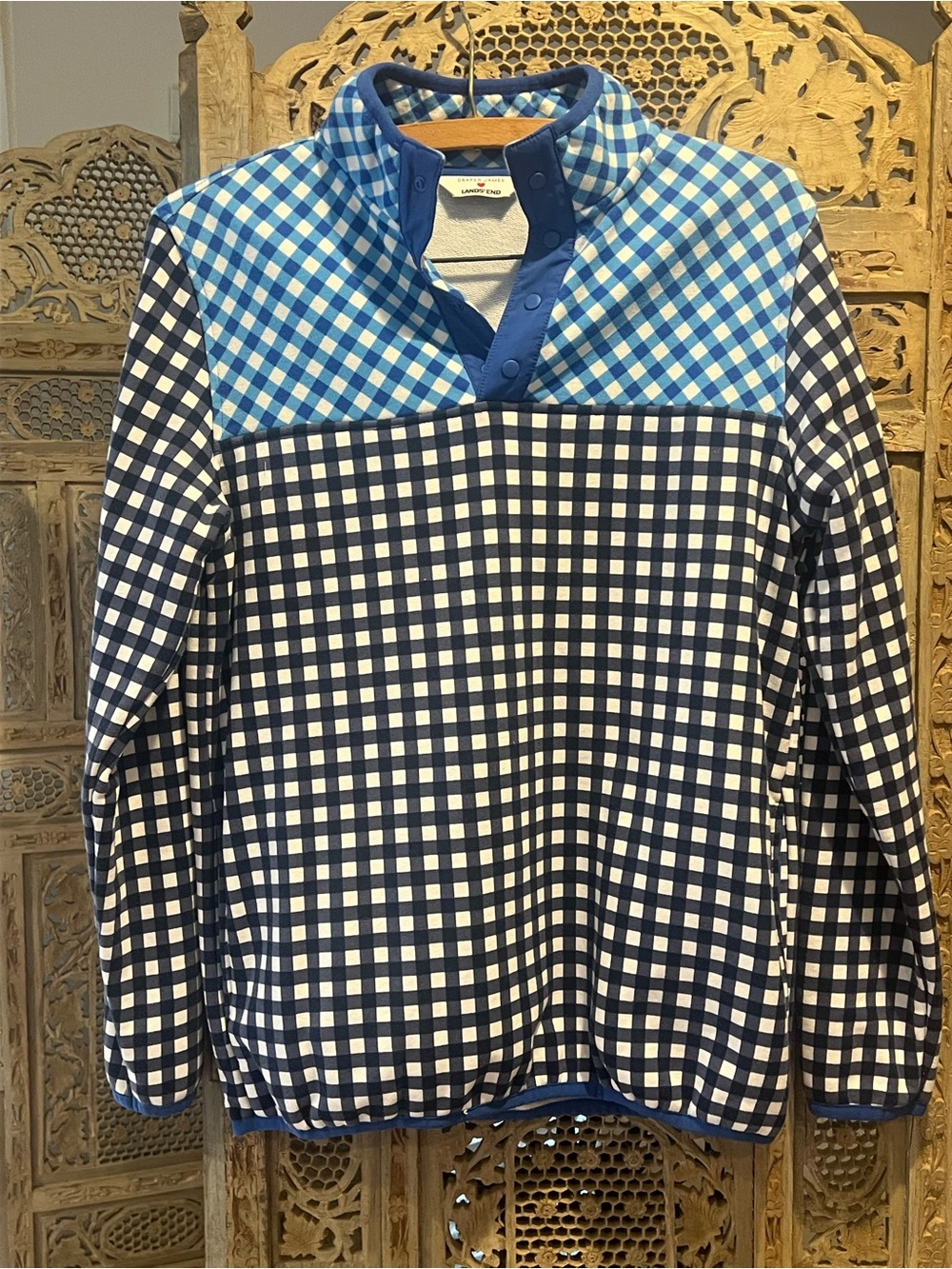 Lands' End Blue and White Gingham Snap Pullover